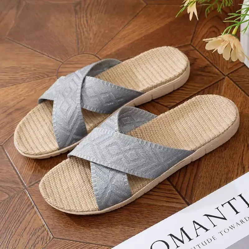 

Men's Summer New Home Linen Slippers Unisex Soft Sole Breathable Sweat-Absorbing Lightweight Open Toe Floor Silent Slippers