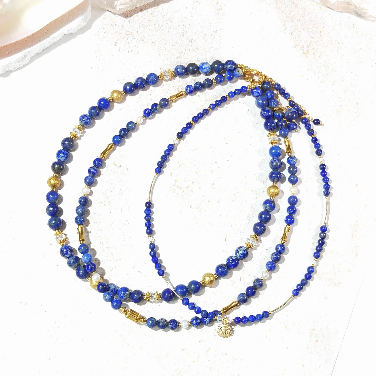 Lii Ji Lapis Lazuli 4-8mm Smooth Beads Necklace Trendy Bohe Necklace For Women 45+4cm