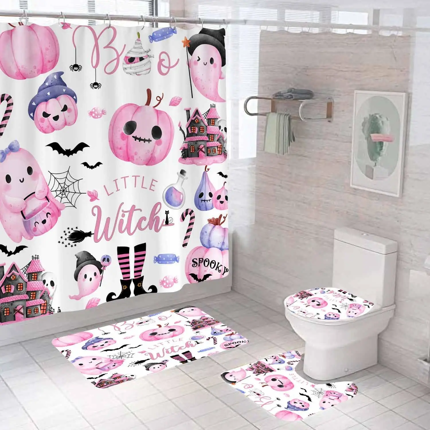 طقم ستائر دش الهالوين السحرية المكونة من 4 قطع مع سجاد، ستارة دش سوداء من القماش المقاوم للماء، معالج كتاب سحري مضحك