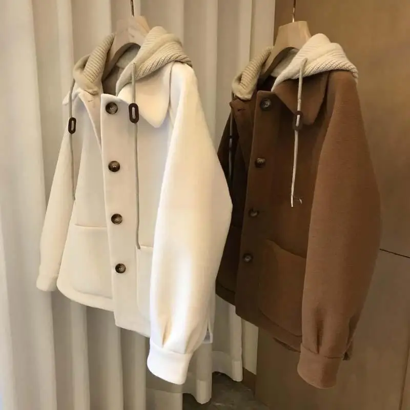 

Женское антикварное винтажное шерстяное пальто с капюшоном, вязаный свободный топ, модная верхняя одежда для женщин