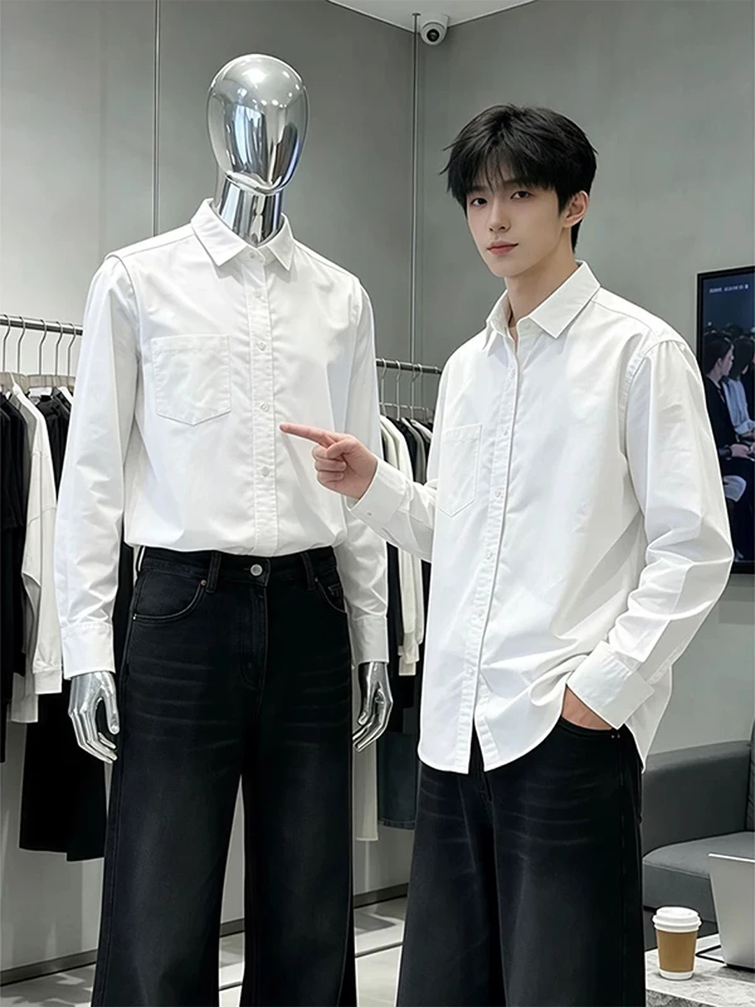 

White Long Sve Men's irt Korean Sle Neapolitan Inner Wear Suit Casual Haome Spring Autumn High Quali Loose Fit