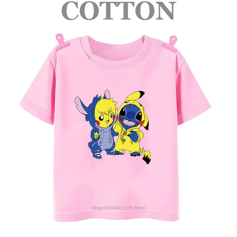 Disney Stitch and Mickey Mouse Cotton T Shirt for Children Children\'s Kids Boys T-shirts Summer 2024 Fashion Round Neck Casual