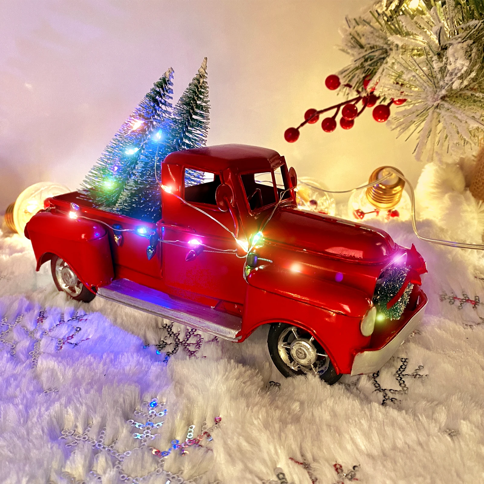 

OurWarm red christmas truck Vintage Resin Classic LED Light Red Truck miniature metal car Antique Carred truck christmas decor