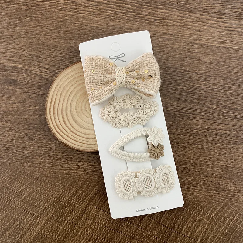 4pcs/set Beige Color Series Kids Girl Hair Clip Aesthctic Lace Floral Bow Hair Pin for Little Girl Chic Bows for Girls Hair