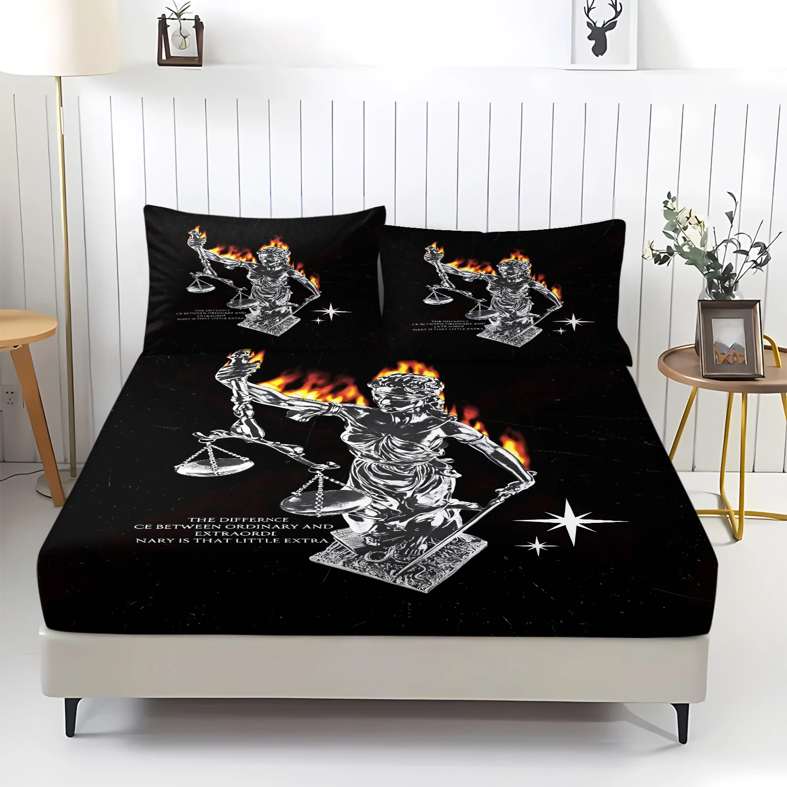 Gothic Dark Lady Justice Statue Printed Fitted Sheet Set 3 Pieces Flame Scales of Justice Elastic Deep Pocket Mattress Cover