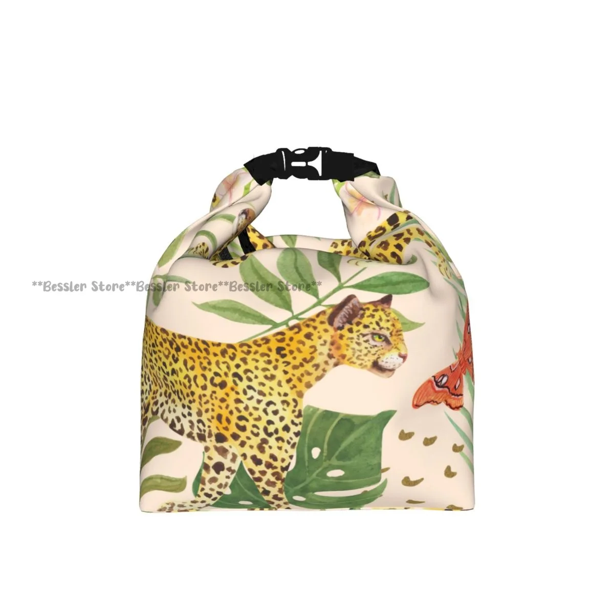 Roll Top Thermal Lunch Bag Watercolor Summer Tropical Leopard Insulated Bento Bag Reusable Food Storage Handbag