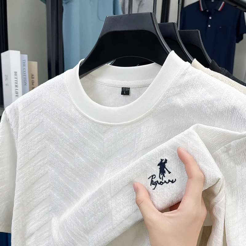 2026 Summer Ice Silk Quick Drying Short Sleeved T-shirt Men's Jacquard Half Sleeved Round Neck Fashionable Upper Garment