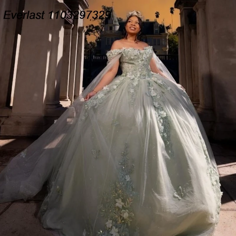 

EVLAST Sage Green Quinceanera Dress Ball Gown 3D Flowers Applique Beading With Cape Corset Sweet 16 Vestido De 15 Anos TQD609