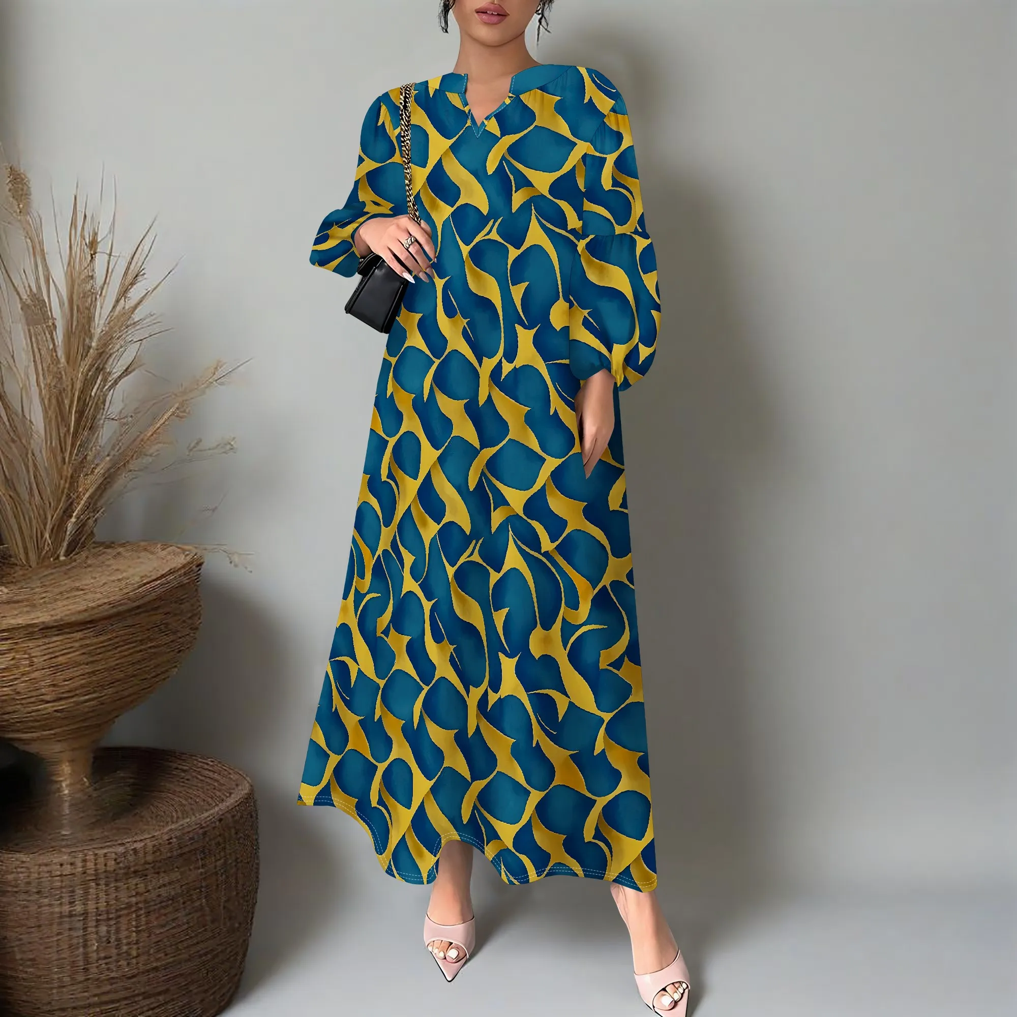 

2025 New XS-3XL African Print Maxi Dress for Women Ethnic Loose Long Sleeve Fall Robe Tribal Leaf Pattern Plus Size Clothing