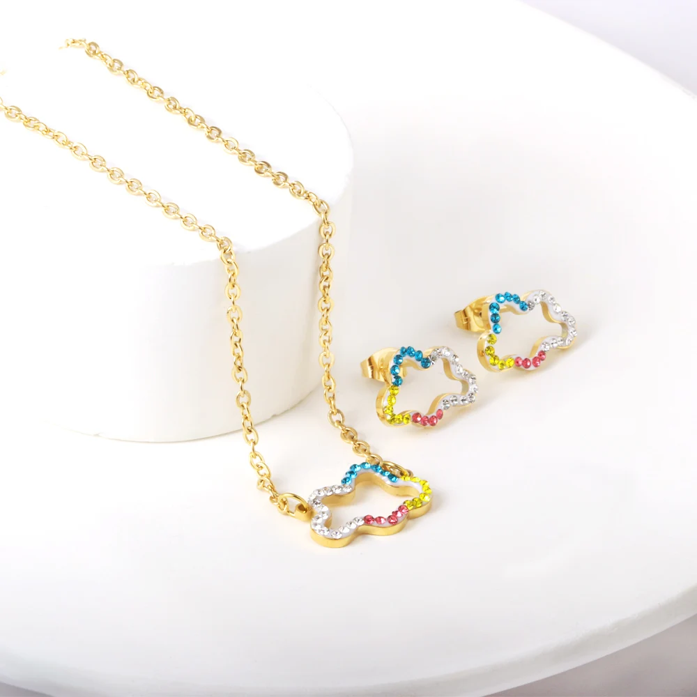 LUXUKISSKIDS Cute Pink Elephant Jewelry Sets Small Sakura Pendant Necklace Earrings Set Fairy Girls Steel Daisy Accessories Gift
