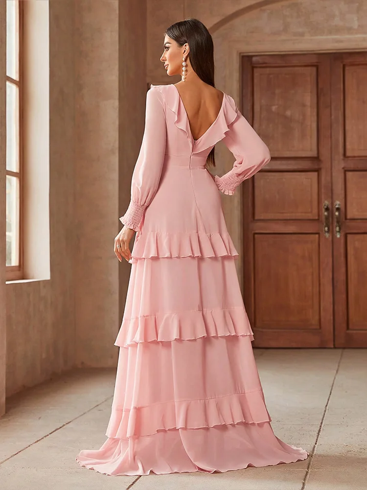 2025 Moda Rosa Abito da donna allentato Elegante scollo a V Manica lunga Abiti solidi Primavera Casual Ruffles Abito lungo fino al pavimento Donna