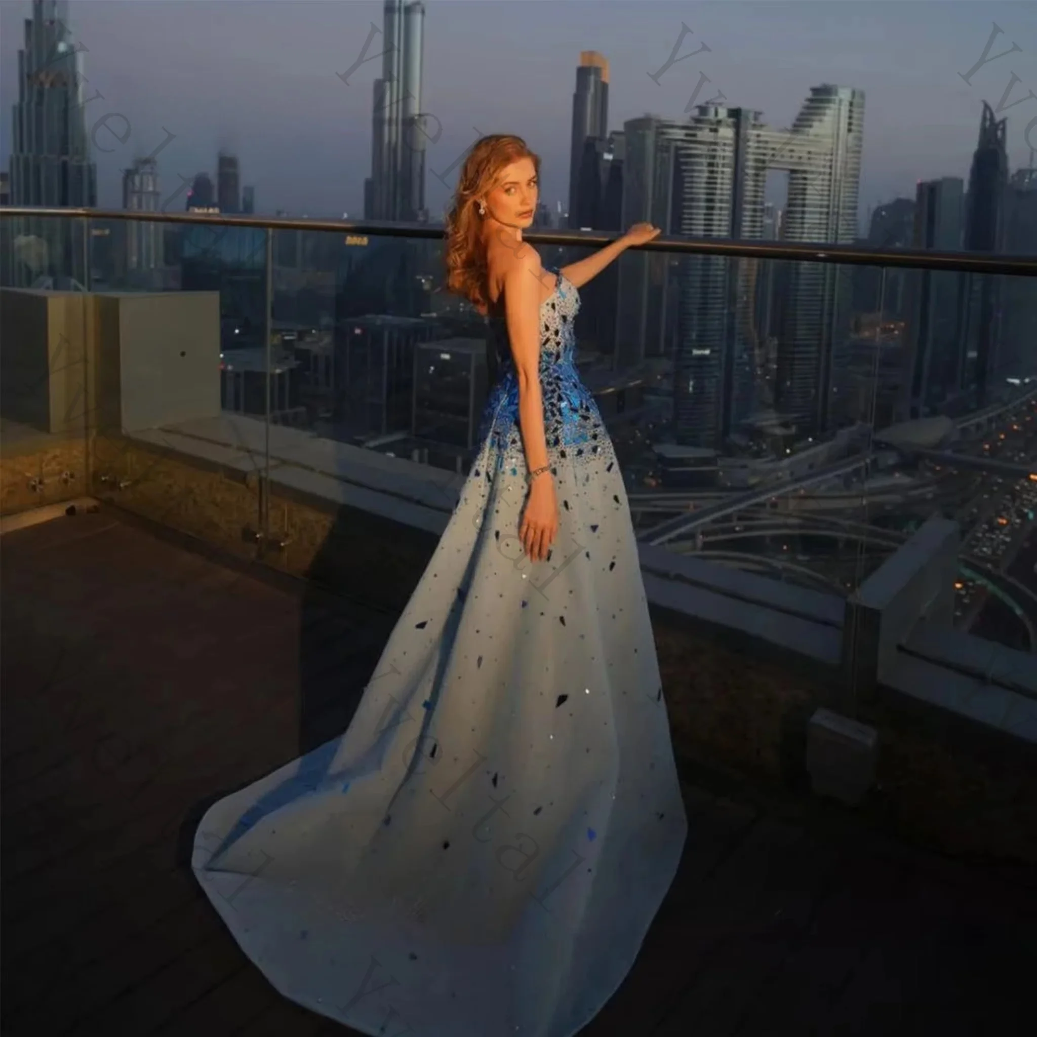 Customized Women Light Blue Strapless A-Line Evening Gown Sequin Beaded Bodice Gradient Skirt Sweep Train Formal Dress for Party