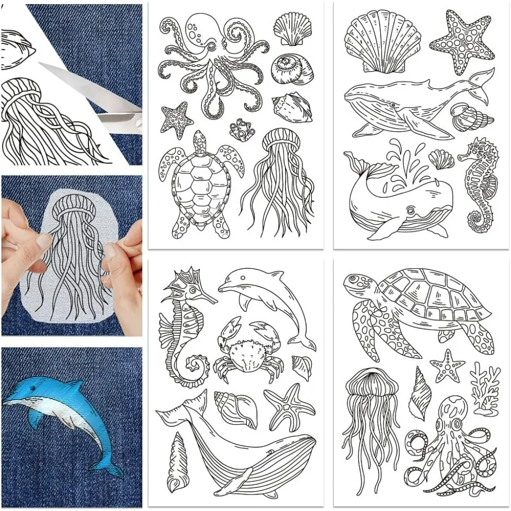 4 Sheets Halobios Whale Jellyfish Water Soluble Stabilizer Hand Sewing Stabilizers Pre Printed Stick and Stitch Self Adhesive