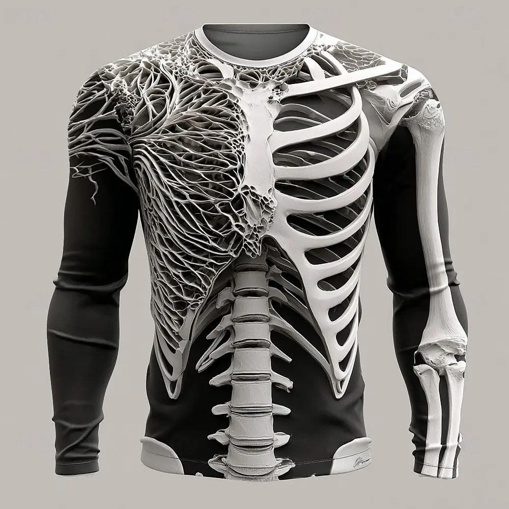 Men 3D Human Skeleton Vascular Print Long Sleeve Crew Neck T-Shirt Halloween Horror Anatomy Graphic Top