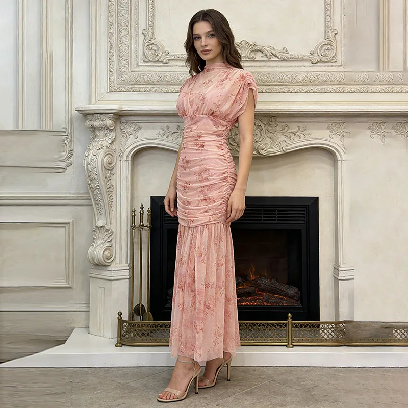 

Elegant Stand Printing Long Dresses Spring Women Flutter Sleeve Fold Straight Dress Autumn Female High Waist Knee Length Dress