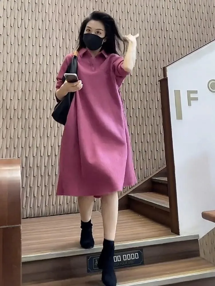 

Korean Sle Loose Long Sve Collar Midi Dr Women's Faionable Casual Cotton Blend irt Dr Autumn Trendy