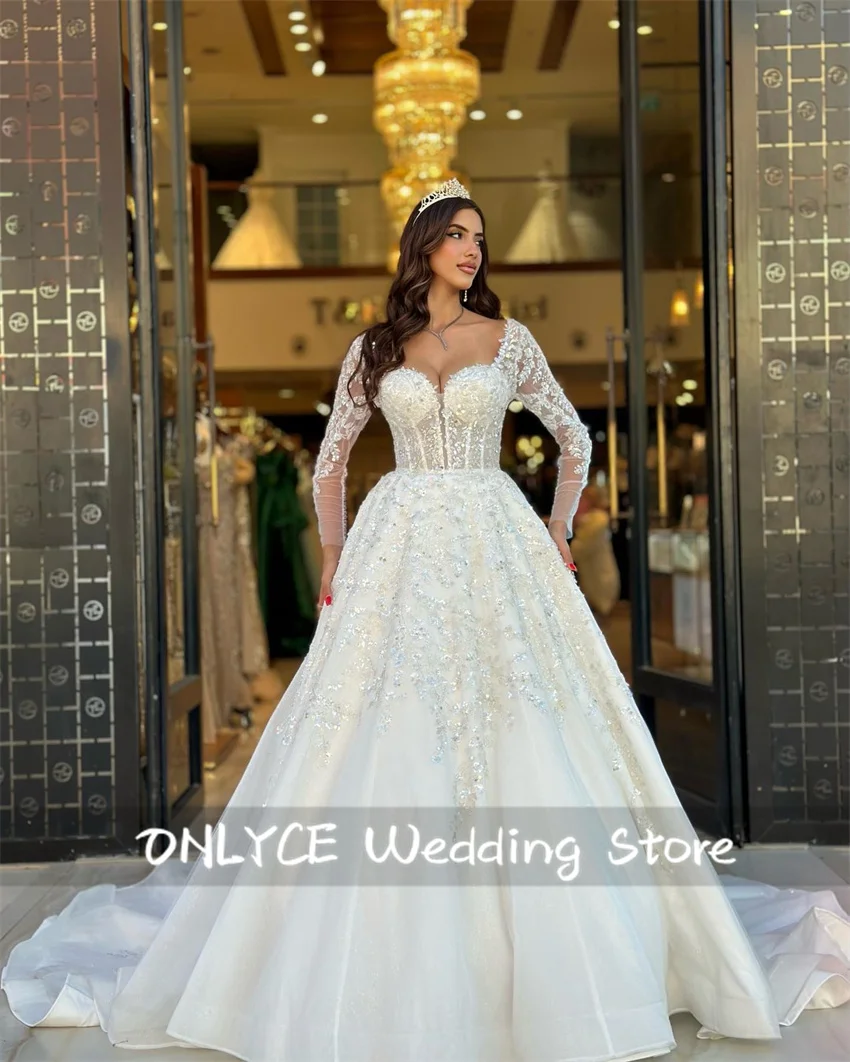 

Long Sleeves A-Line Sequins Wedding Dresses Elegant Appliques Lace-Up Bride Dress Cathedral Train Bridal Gown Customized