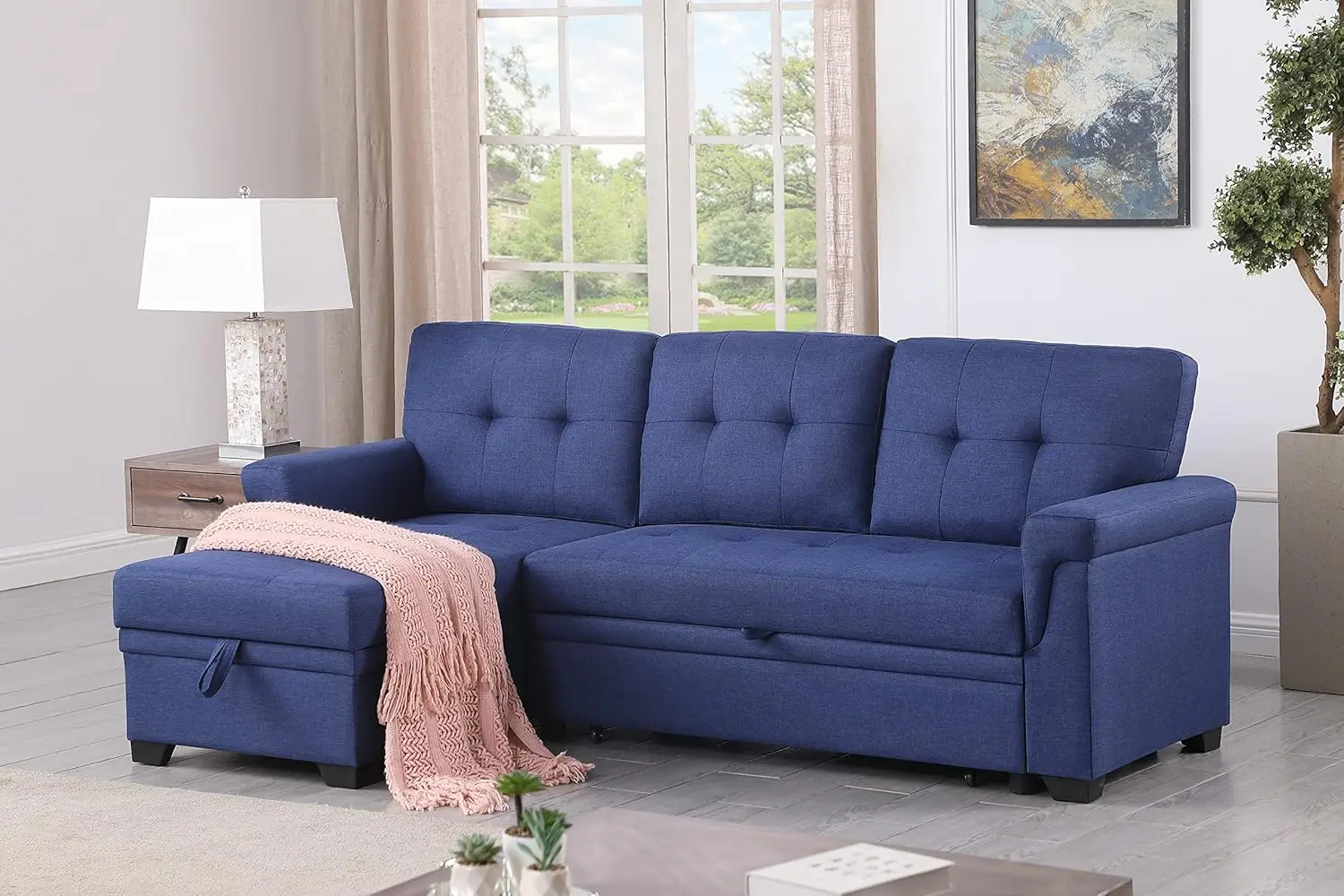 Home Lucca Blue Linen Reversible Sleeper Sectional Sofa with Storage Chaise