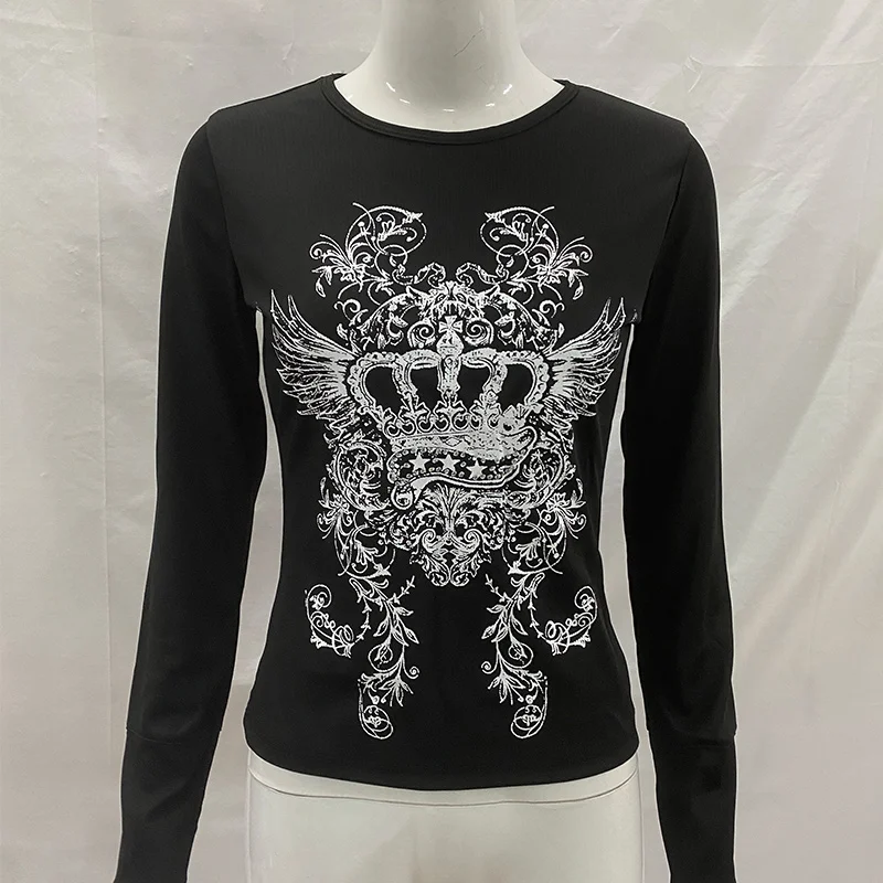 Crown wing print ribbed INS long sleeved top 2026 women's black slim fit Gothic Y2K dark street style T-shirt - view 3