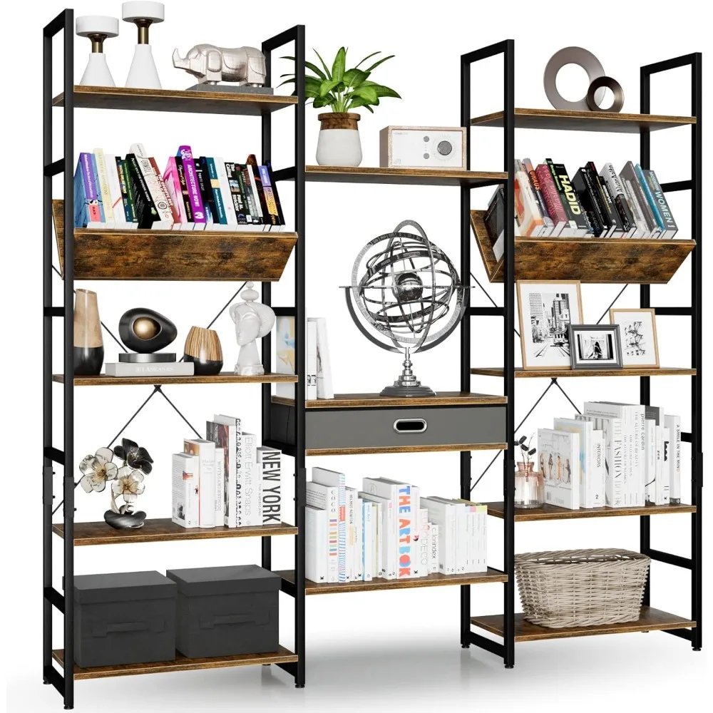 

Triple Wide 5 Tier Bookshelf, Adjustable Rustic Industrial Style Book Shelves, Modern Bookcases and Bookshelves Furniture