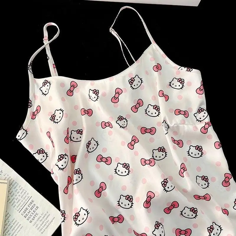 بيجامة نسائية صيفية من سانريو بحمالة هالو كيتي تنورة ليلية بدون أكمام تنورة ليلية مطبوعة برسوم كرتونية ملابس منزلية من الحرير الجليدي