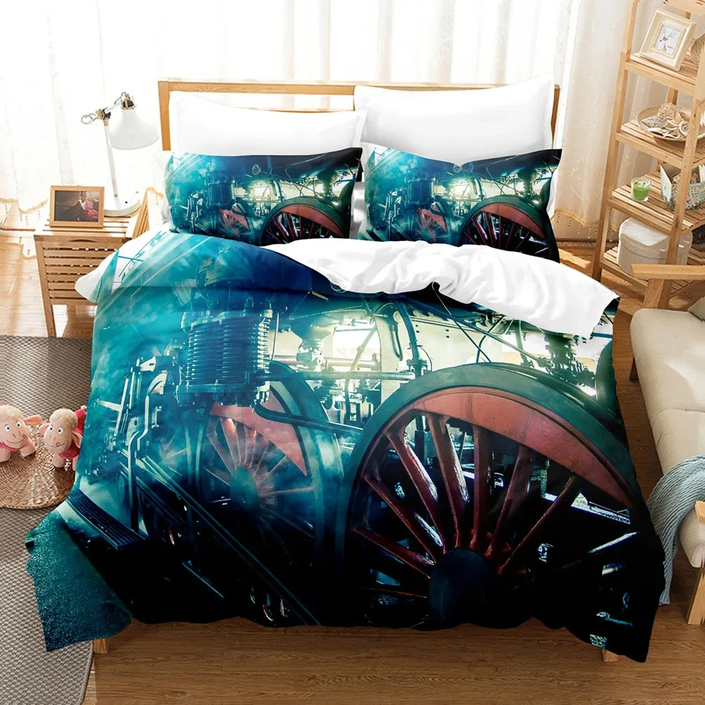 Steam Engine Duvet Cover Vintage Locomotive In Countryside Scenery Bedding Set Polyester Train Wheel Picture Quilt Cover Full
