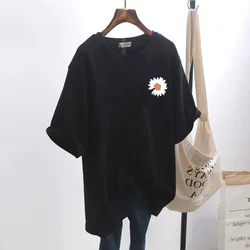 Summer 2023 new small daisy print short sleeve T-shirt women's loose mid-length solid color INS half-sleeve top trend