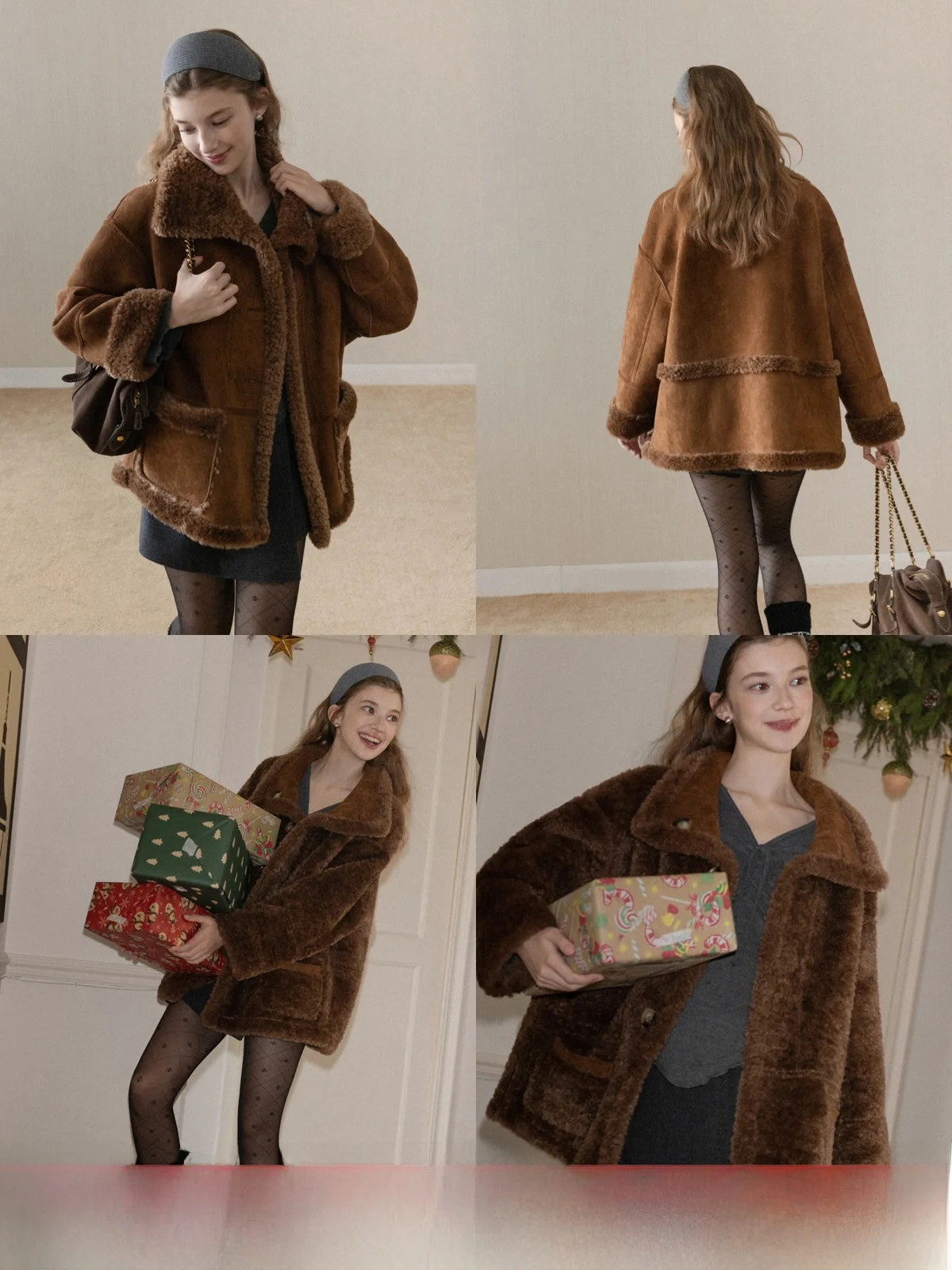 

Double-Sided Wear Thiened Collar Fur ort Coat Women's Winter Casual Loose Fit Polyester Leather Jaet Warm Fluffy Coat