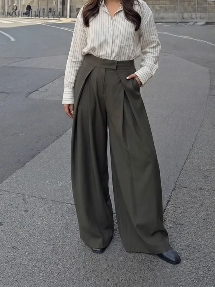 HH Damen Lässige Gestreifte Weite Hose mit Taschen Plissiert 2026 Frühling High-Street-Style Mode Einfarbige Hose Bürodame Schicke Hose