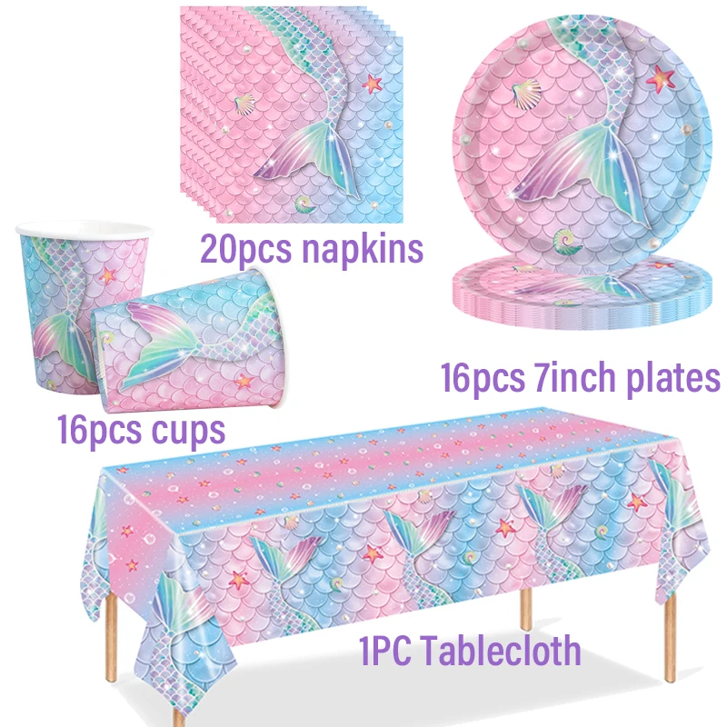 NEW Mermaid Party Disposable Tableware Mermaid Tail Paper Plate Cup Napkin Tablecloth Little Mermaid Girls Birthday Party Decor