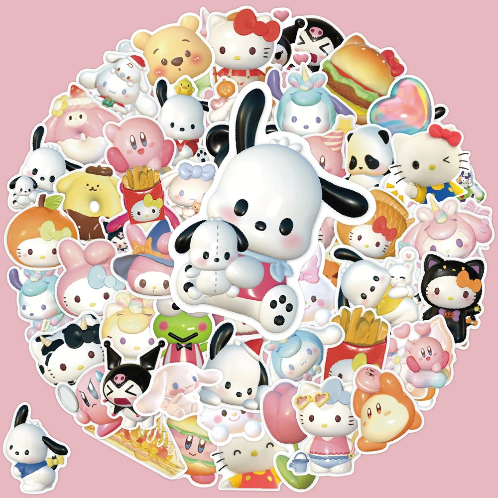 Sanrio-calcomanías 3D de Hello Kitty para niños, calcomanías de Graffiti para monopatín, calcomanías de My Melody Kuromi Cinnamoroll, juguete divertido para niños, 10/30/60 piezas