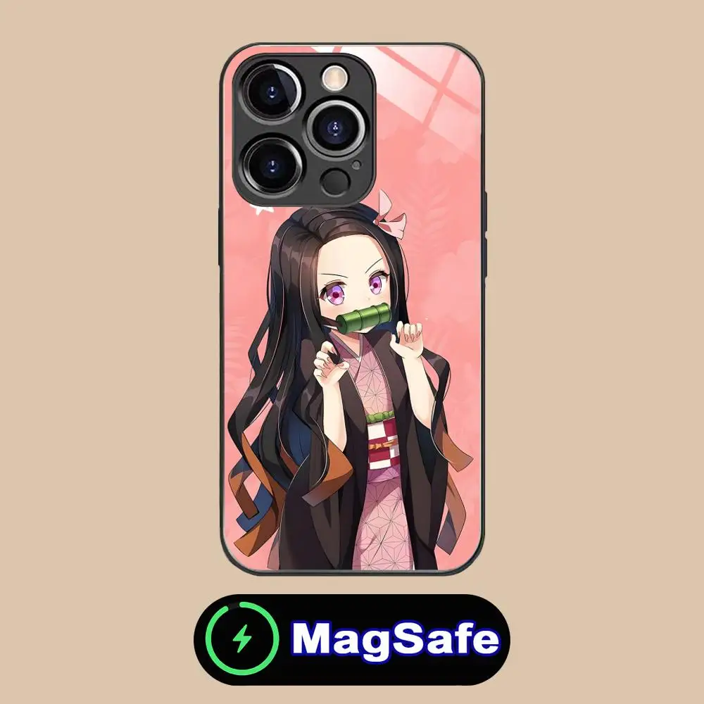 حافظة هاتف Demon Slayer Nezuko لهاتف iPhone 16 15 14 13 12 11 Pro Max Plus Mini MagSafe طباعة زجاجية ملونة هاتف ذكي جميل