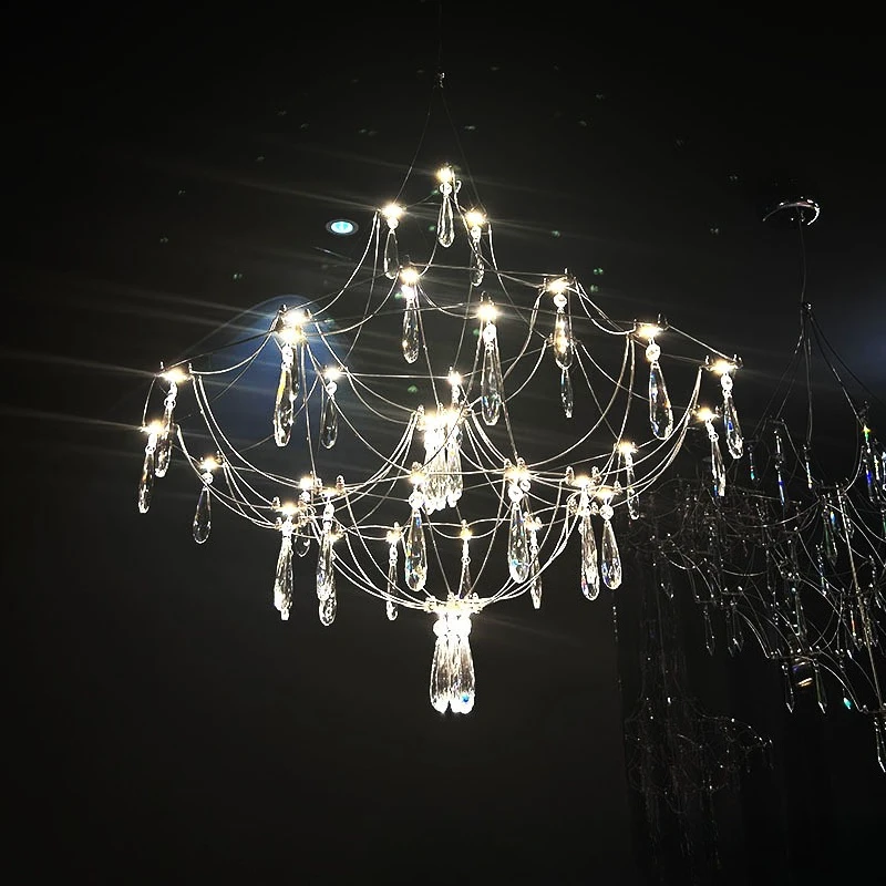 

French cream style, light luxury crystal chandelier, living room stairs, modern simplicity