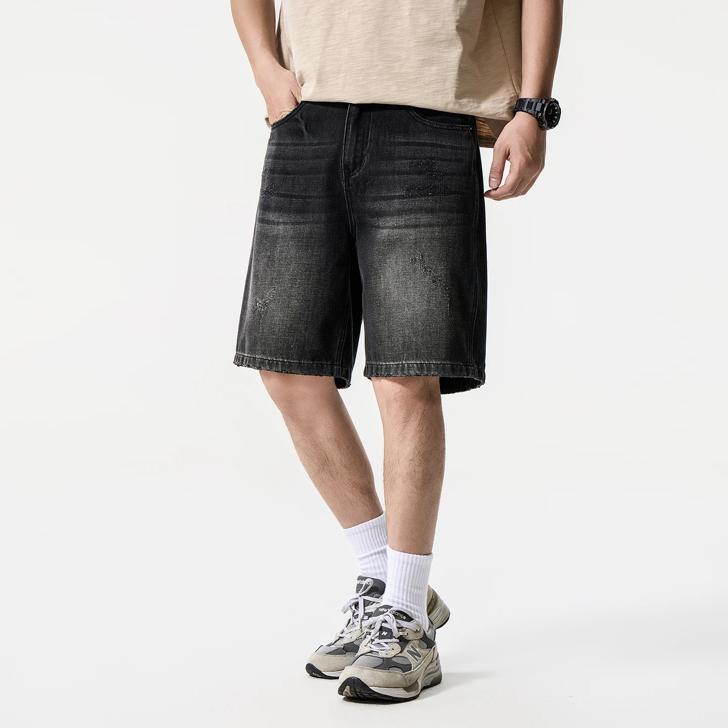 2026 Summer New Brand Men's Straight Black and Gray Denim Shorts American Retro Trend Youth Daily Casual Pants