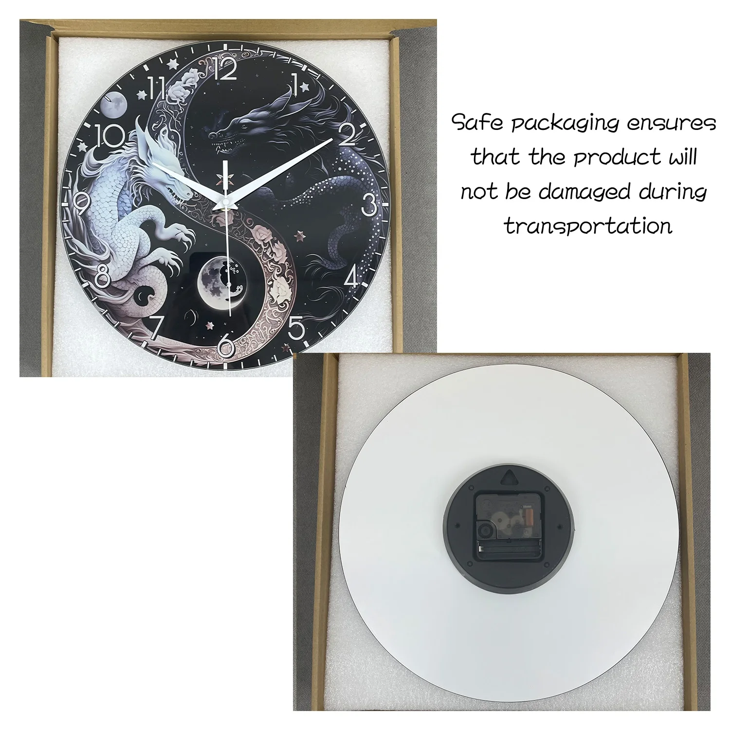 1pc glass wall clock, Oriental mythology black and white dragon design wall clock, home mute clock, decorate the living room