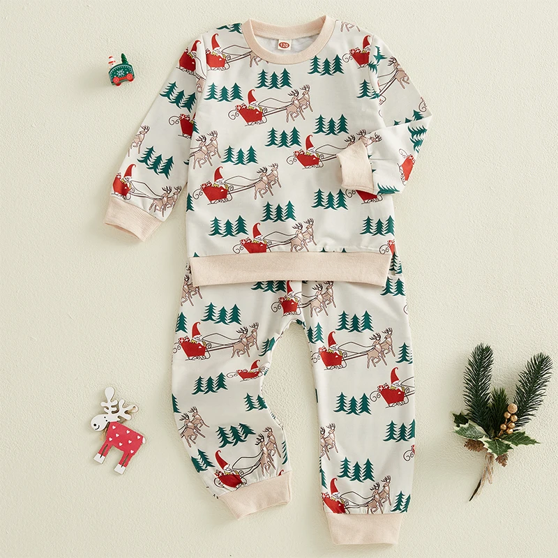 

3-7years Kids 2 Piece Set Reindeer Snowflake Print Hoodie and Jogger Pants Christmas Outfit for Boy or Girl