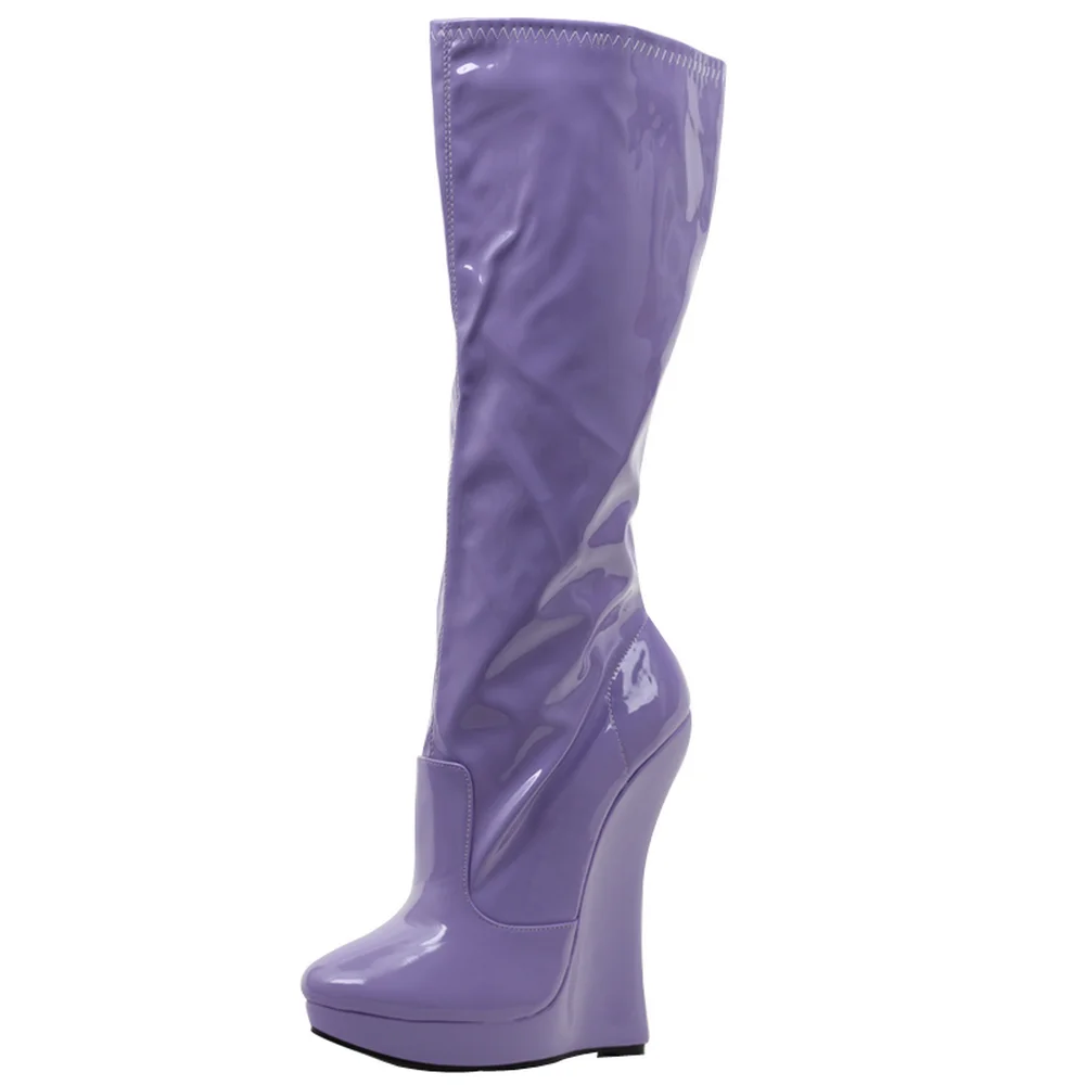 

CA 18cm Wedges Heel Women's Knee High Boots,Fetish Men Stage Pole Dance Shoes,Long Botas,Round Toe.Blue,Purple,Custom Colors,
