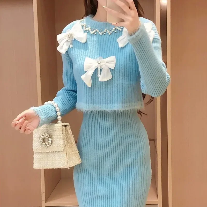 Women Two Piece Sets French Fashion Beading Bow Tassel Short Sweater Sleeveless Knitted Dress Autumn Winter Sweet Suit