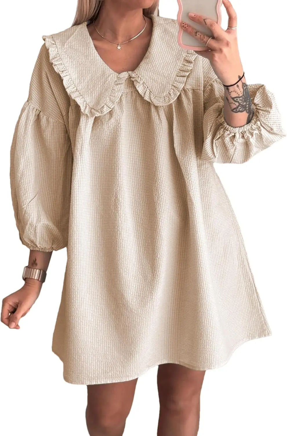 

2026 Women's Babydoll 3/4 Puff Sleeve Plaid Mini Dress Lapel Doll Collar Loose Y2k Dress