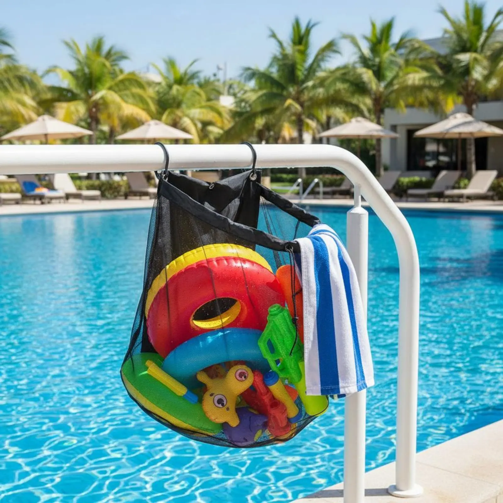 

Fence Hanging Pool Organizer Adjustable Straps Pool Toy Storage Bag for Yard