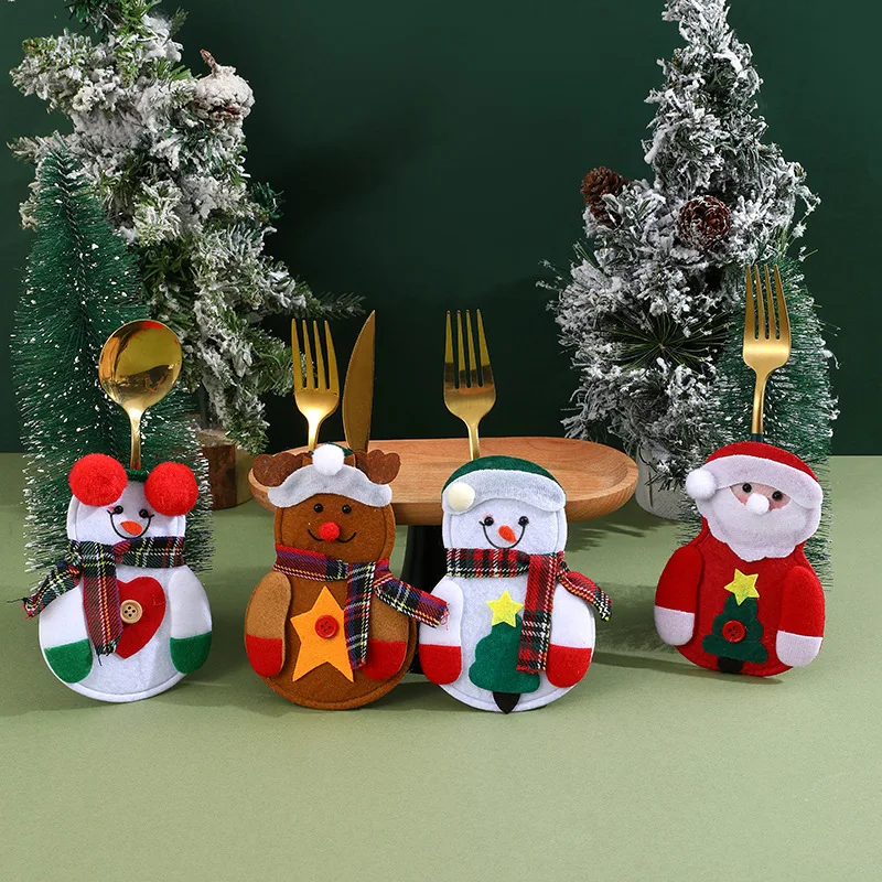 4pcs Christmas themed cutlery set, knife and fork bag, festive dining table atmosphere decoration, small ornaments