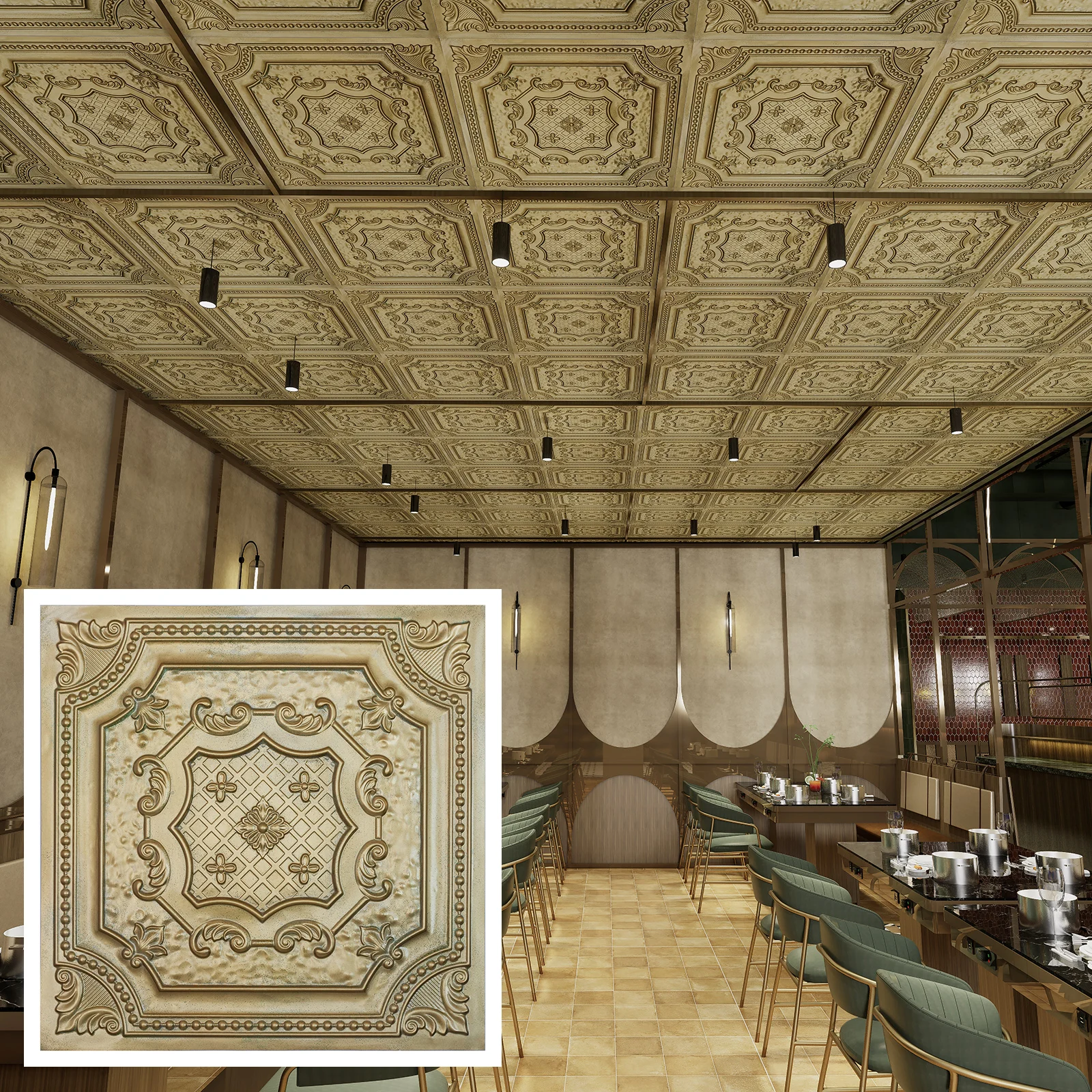 Metalized ceiling tiles, 3D embossed wall panels, for Nightclub PL04 Brass verdigris 10pcs