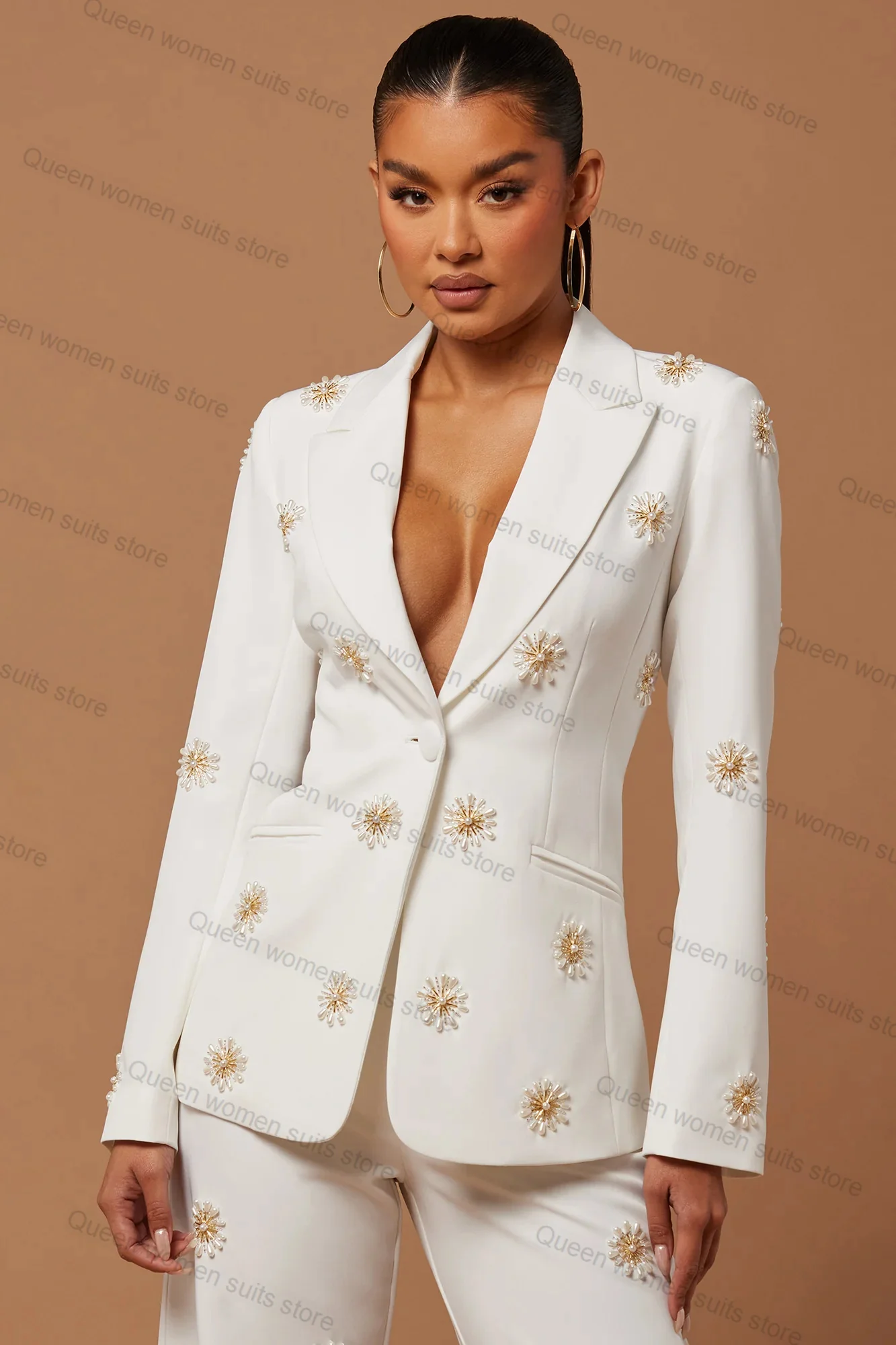 Pearls Elegant White Women Suit Pants Set 2 Piece Blazer+Trousers Wedding Tuxedo Formal Office Lady Jacket Coat Tailored Wear