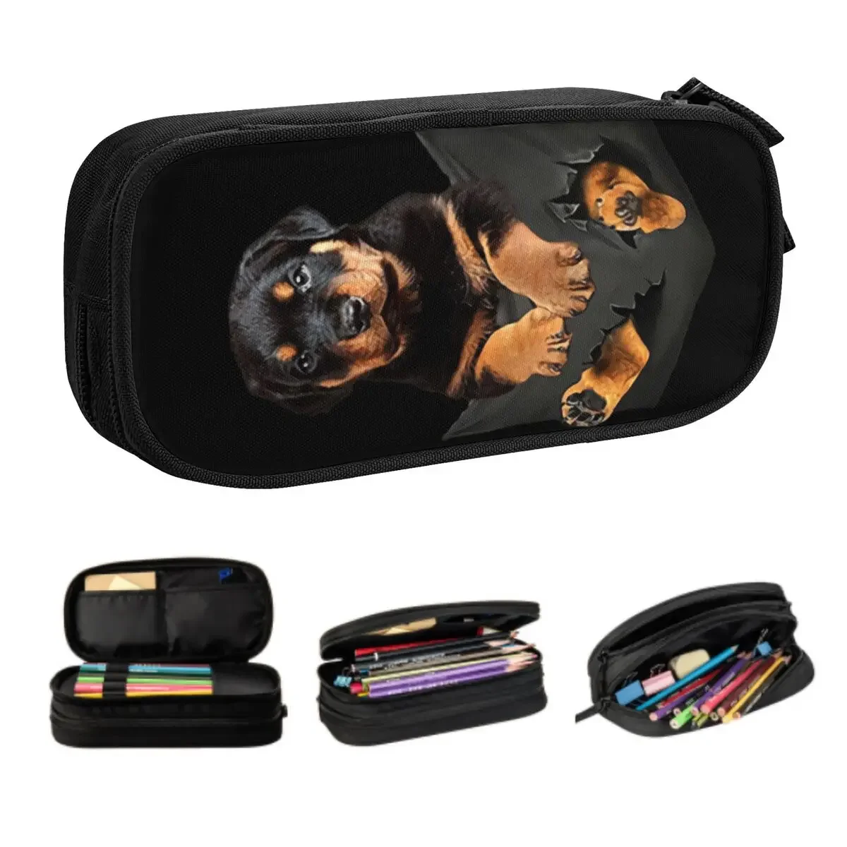 Kawaii Rottweiler Pencil Cases for Girls Boys Custom Pocket Dog Rott Lover Large Capacity Pen Box Bag Stationery