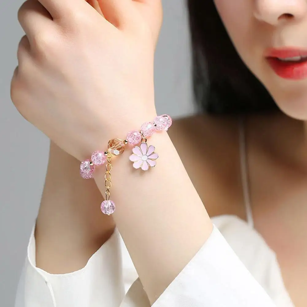 Neue Süße Mode Kristall Daisy Blume Armband Frauen Glas Perlen Elastische Seil Armbänder Mädchen Party Hochzeit Schmuck Geschenke