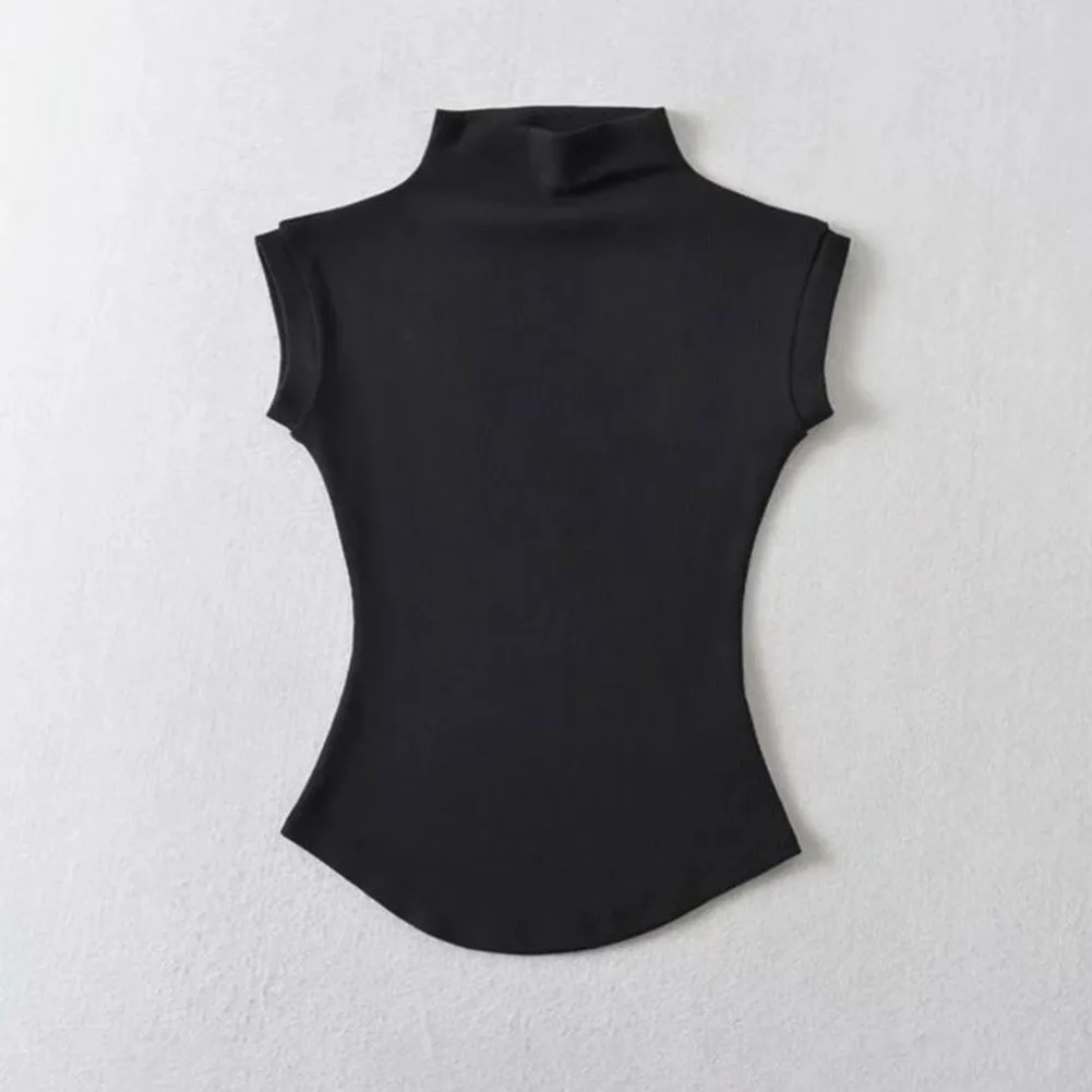 Solid Color Short-Sleeve Shirt for Women with Half-High Neck Collar Regular Length Fabric Offers Moderate Elasticity