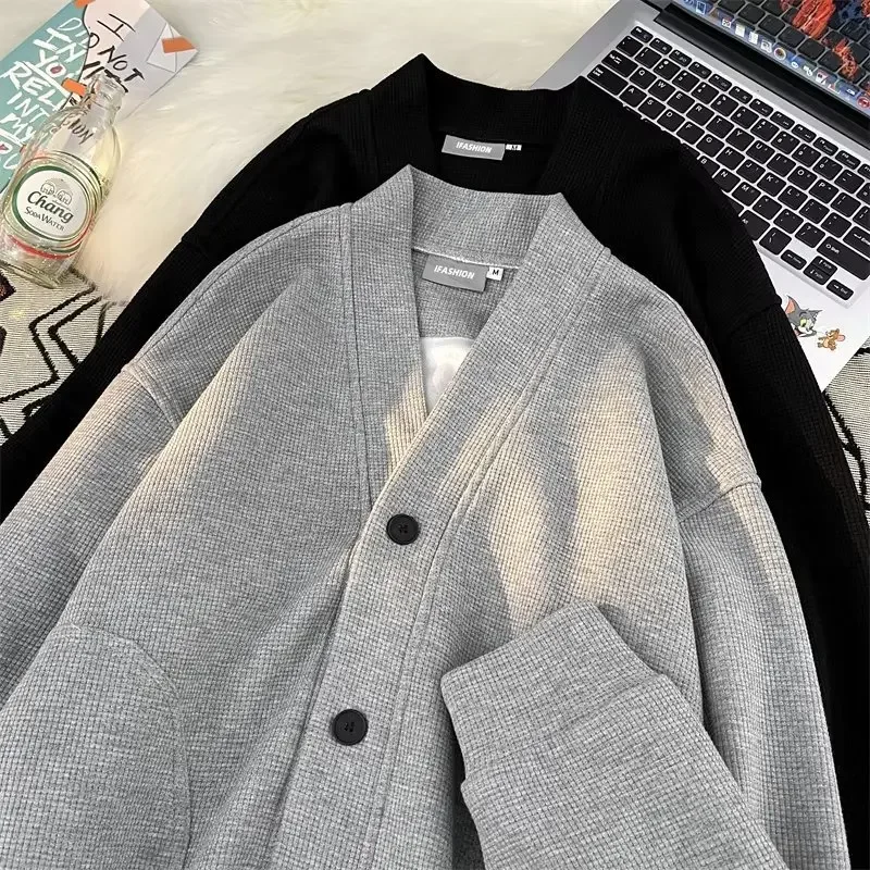 Cárdigan de punto para hombre, chaqueta holgada con botones, Color sólido, manga larga, cuello en V, prendas de vestir exteriores, primavera y otoño, 2024