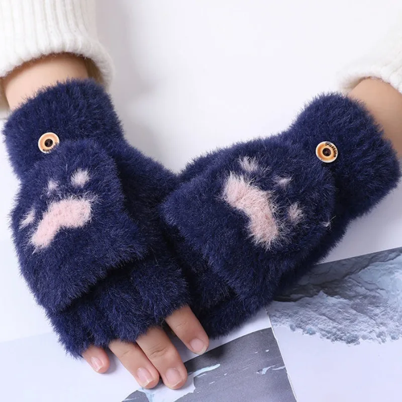 2023 Women Lovely Winter Warm Fingerless Gloves Kawaii Girls Fluffy Bear Cat Plush Paw Claw Half Finger Gloves Mittens Gifts