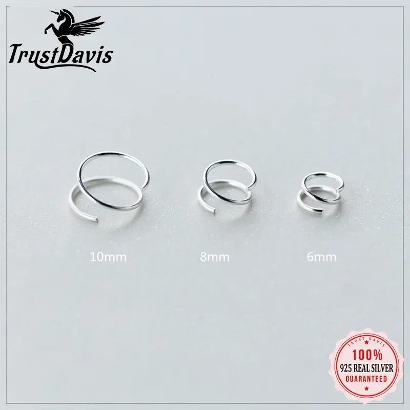 TrustDavis 100% 925 Sterling Silver Small Ear Bones Ear Buckle Ring 6mm 8mm 10mm Tightly Packed Mini Double Ring Earrings DS449