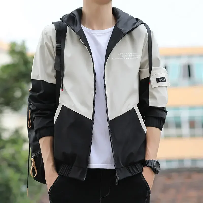 

Spring and Autumn Patchwork Men's Jacket Casual Long Sleeved Hooded Zipper Coat